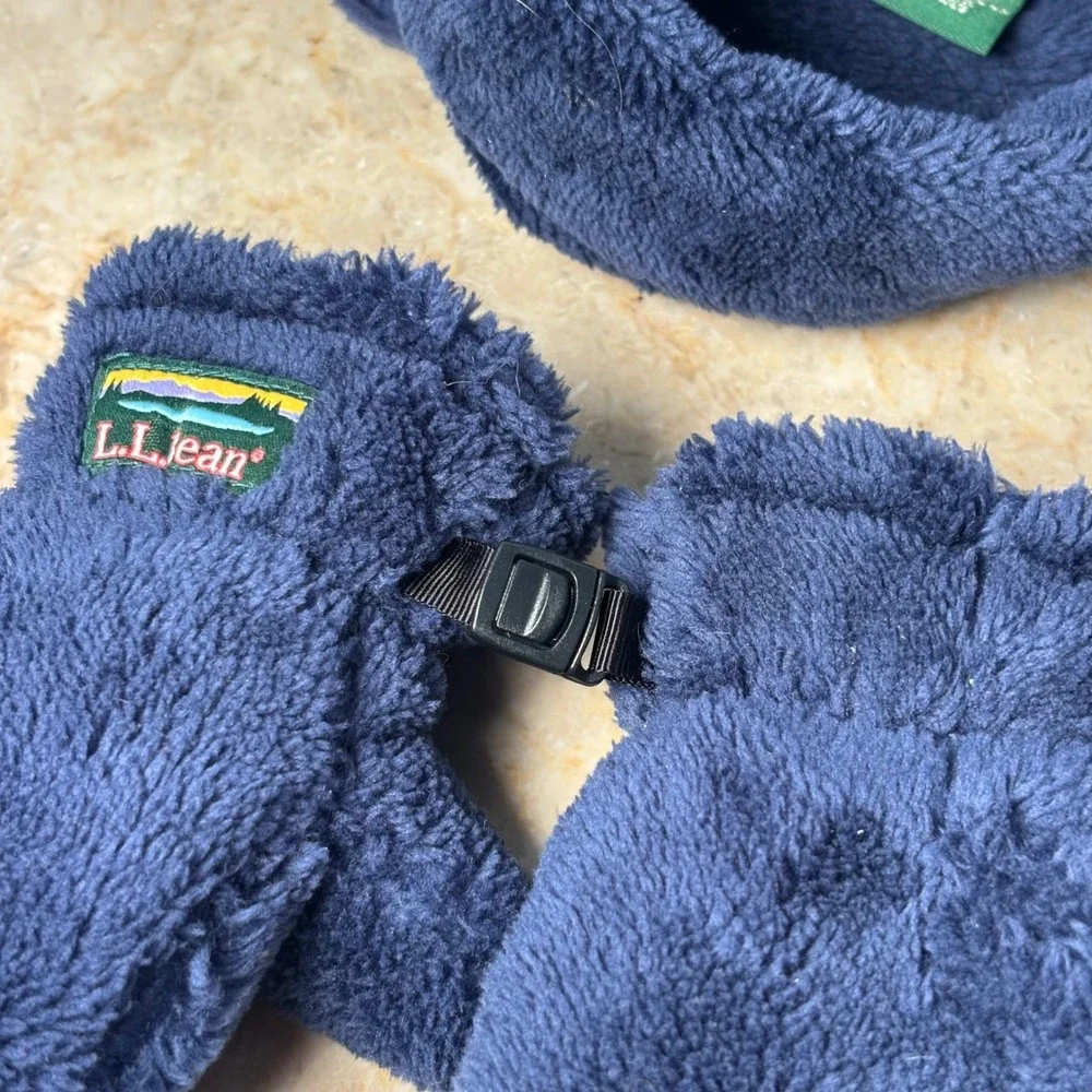 LL Bean Toddler Hat and Mittens Set Navy Blue‎ Fleece Bear Ears 6-12M Hi-Pile